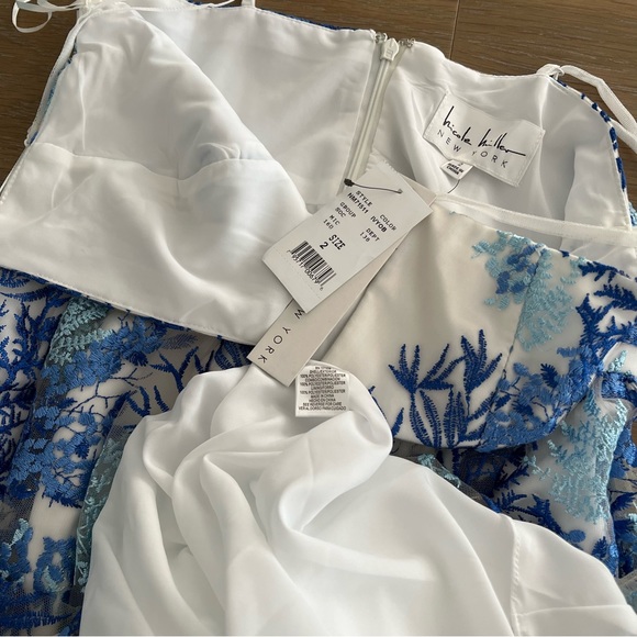 Nicole Miller White with Blue Floral Embroidered Sheer Overlay Maxi Dress - Picture 11 of 11